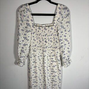 House of Harlow 1960 Womens Linen Smocked Floral Print Midi Dress White Sz Small